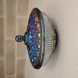 Indiana Glass Windsor Blue Carnival Glass Candy Dish with Lid